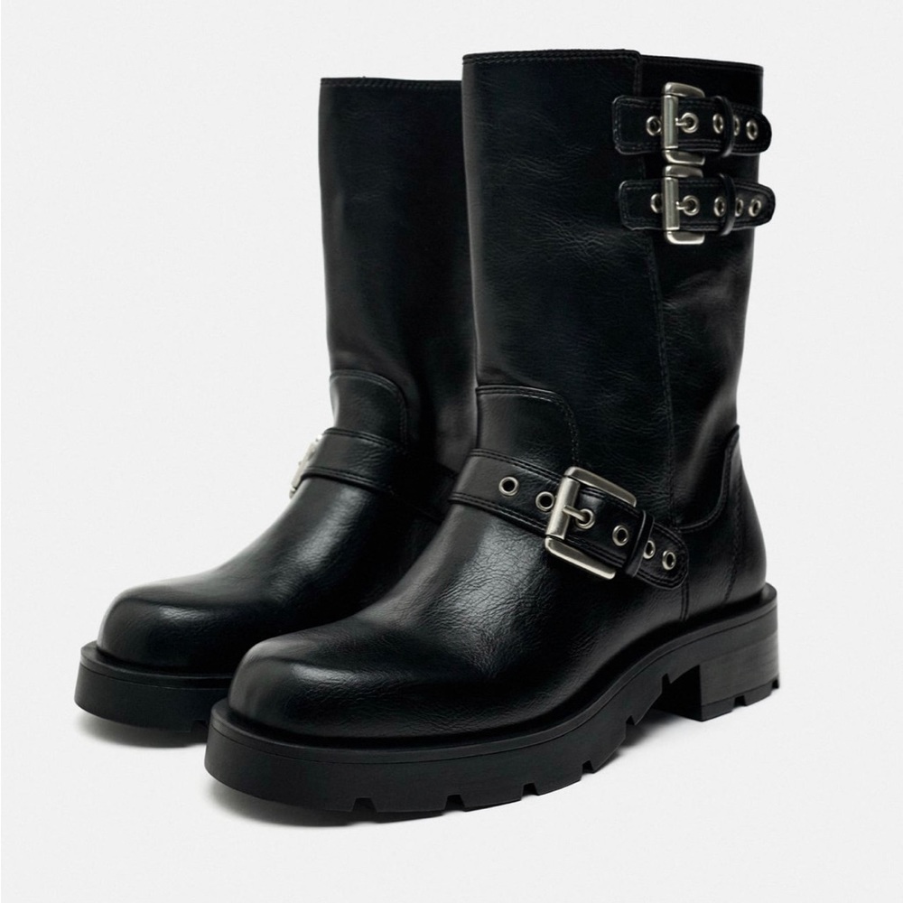 Zara flat buckled black ankle boot Nwt